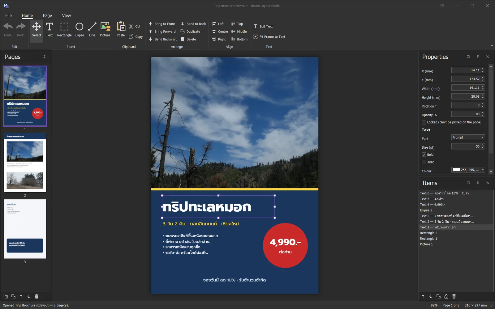 Layout Studio จัดหน้าโบรชัวร์ 3 หน้า พร้อมแผง Pages